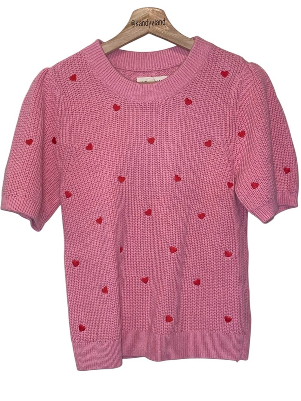 LUCKY BRAND Pink Red Heart Short Sleeve Sweater